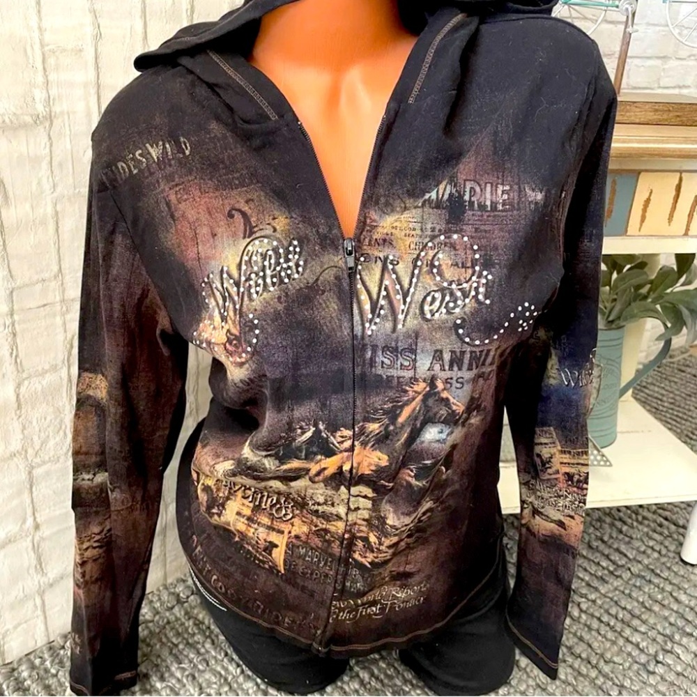Women’s Cactus - Embellished Horses Print  Full Zip Hoodie Top Sz S NEW